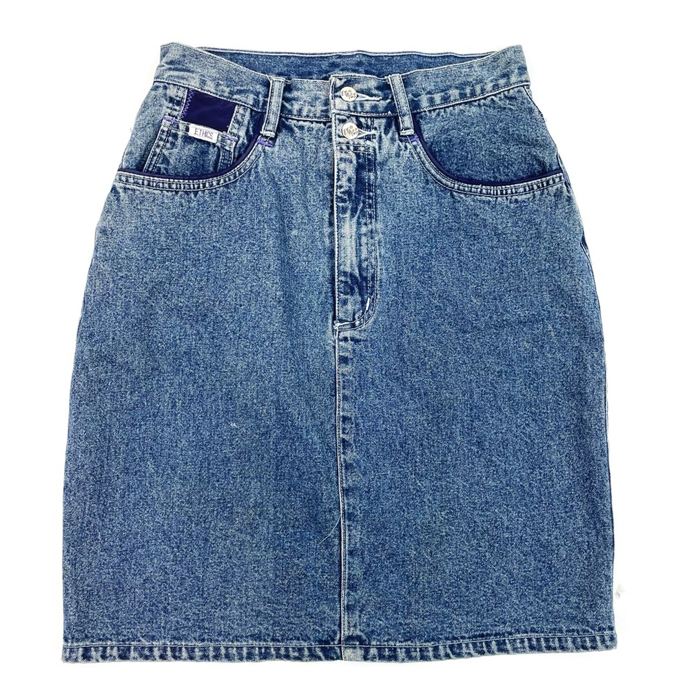 Vintage 1980s Glam Rock Acid Washed Blue Denim Mini Skirt by Ethics Size 2